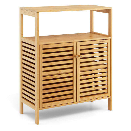 Bamboo Bathroom Floor Storage Cabinet with Shutter Doors-Natural-0
