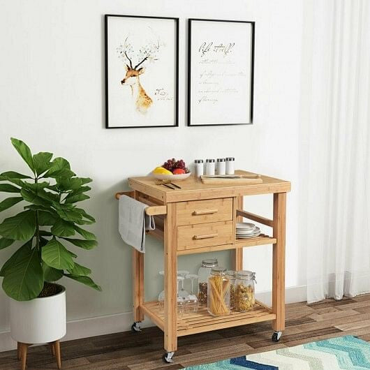 Bamboo Kitchen Trolley Cart with Tower Rack and Drawers-1