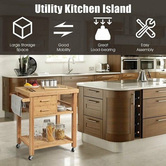 Bamboo Kitchen Trolley Cart with Tower Rack and Drawers-3