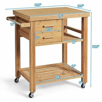 Bamboo Kitchen Trolley Cart with Tower Rack and Drawers-4