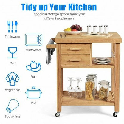 Bamboo Kitchen Trolley Cart with Tower Rack and Drawers-2