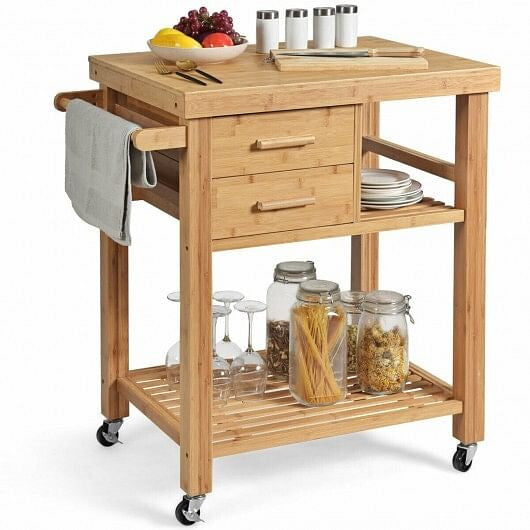 Bamboo Kitchen Trolley Cart with Tower Rack and Drawers-0