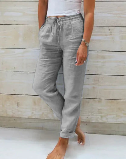Solid Cotton Hemp Pants with Elastic Waist