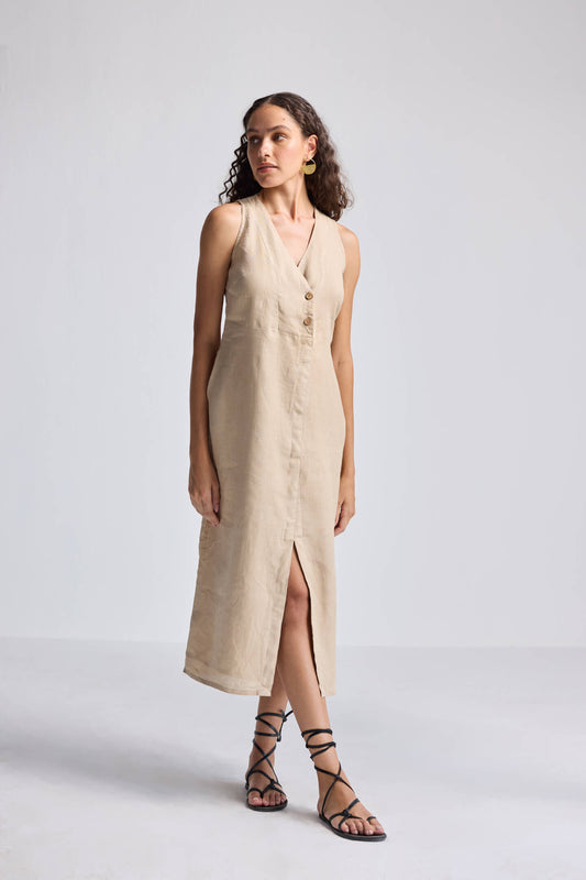 Straight Dress with Front Slit in Neutral Beige Hemp-1