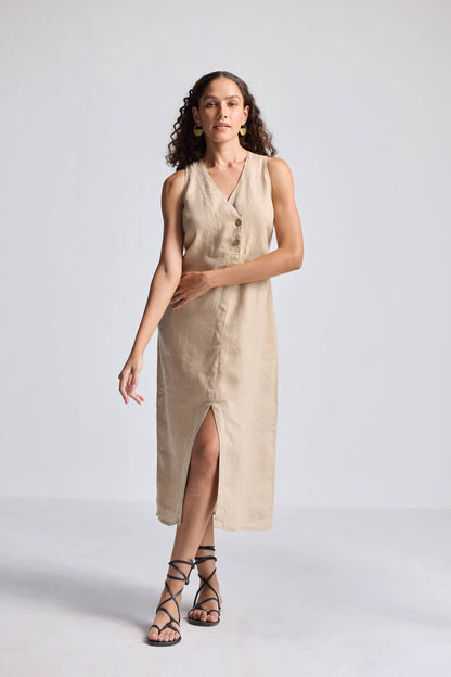 Straight Dress with Front Slit in Neutral Beige Hemp-3