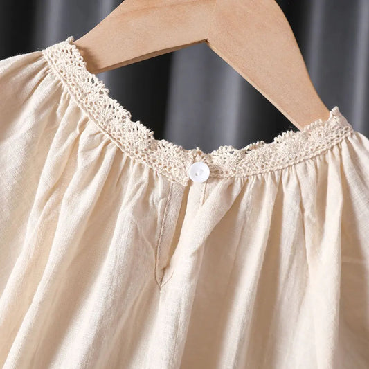 Korean Lace Top Cotton Hemp Short-Sleeved T-Shirt
