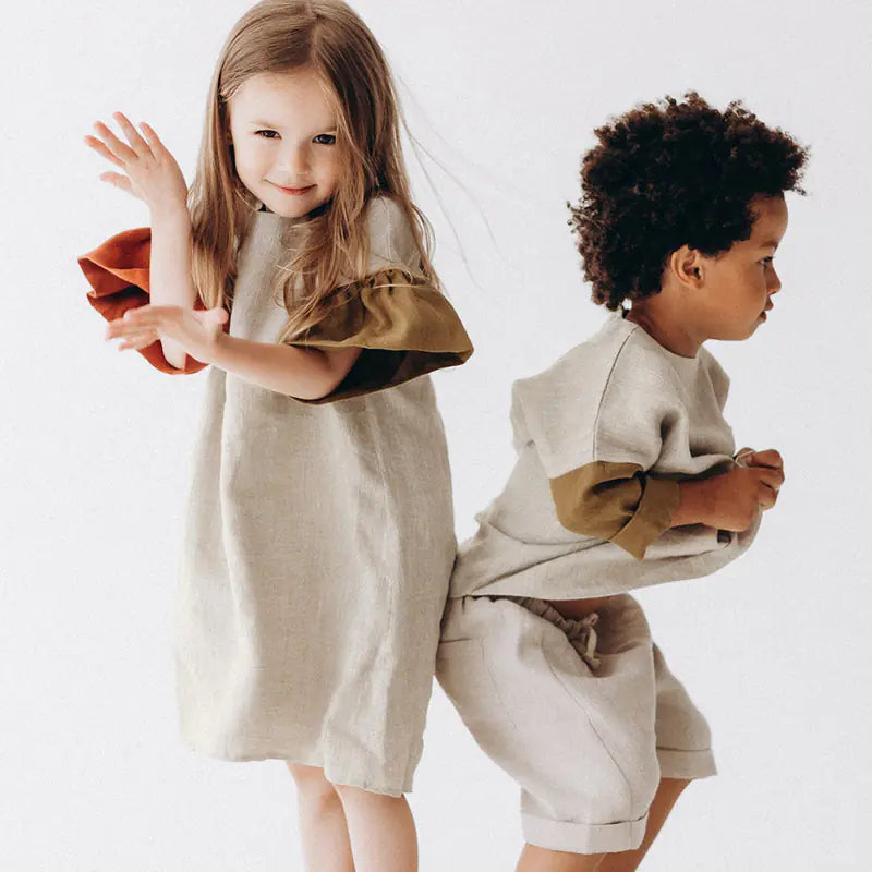Cotton Hemp Patchwork Baby Long Skirt with Color Edging