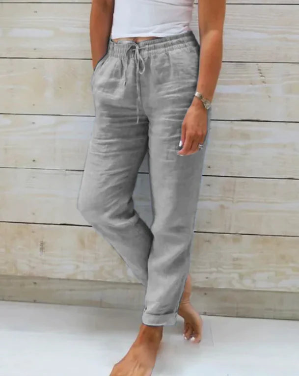 Solid Cotton Hemp Pants with Elastic Waist