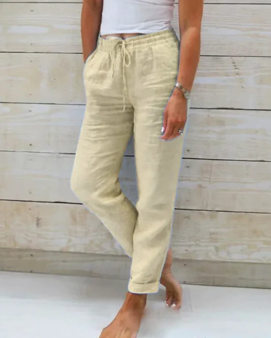 Solid Cotton Hemp Pants with Elastic Waist