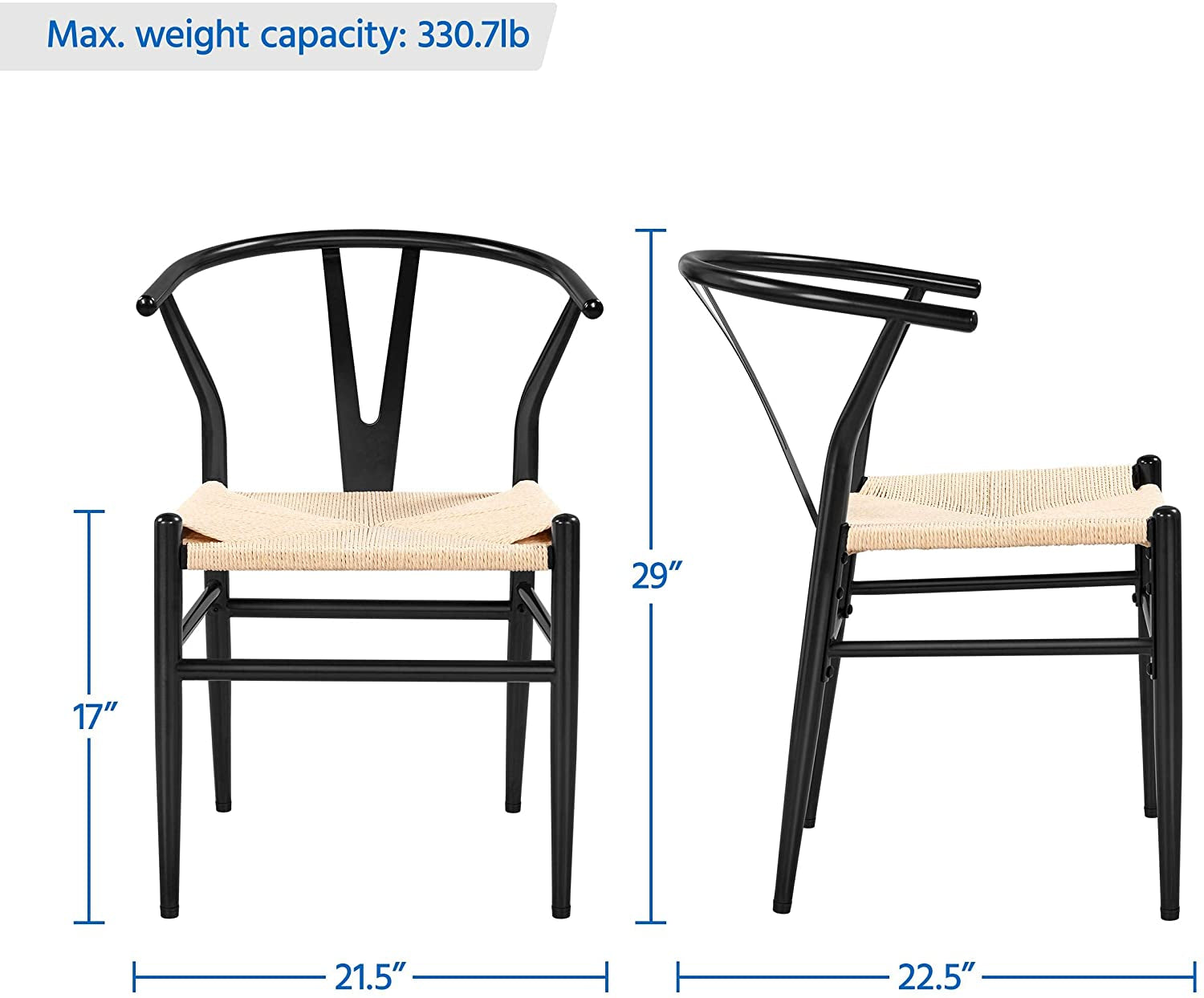 Set of 4 Black Hemp Seat Mid-Century Metal Dining Chairs-3