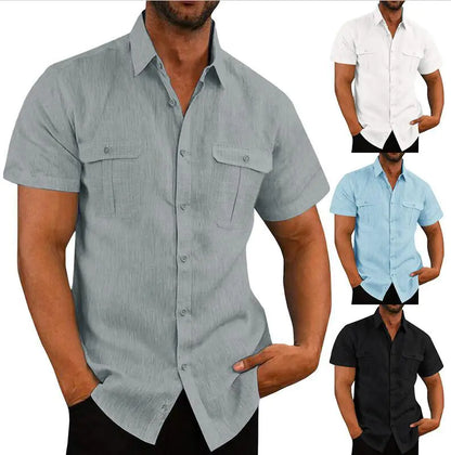 Men's Loose Fit Polo Collar Cotton Hemp Shirt
