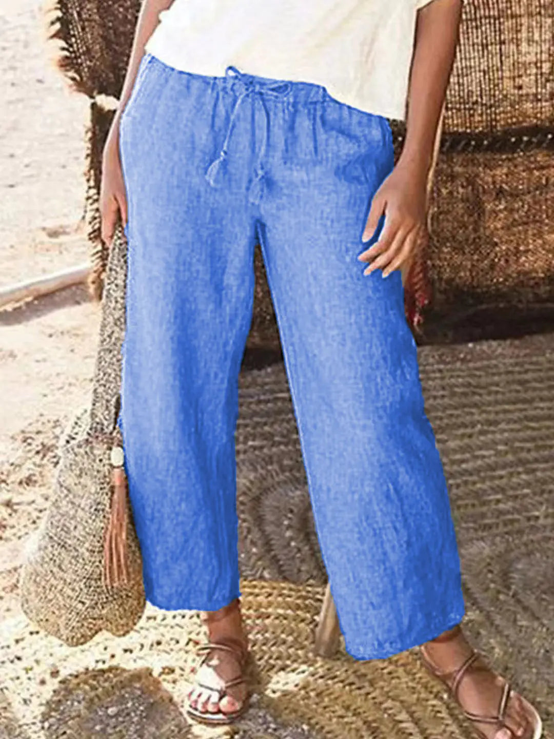 Solid Color Loose Wide Leg Cotton Hemp Trousers (One Piece)