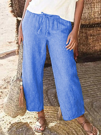 Solid Color Loose Wide Leg Cotton Hemp Trousers (One Piece)