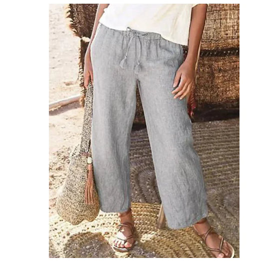 Solid Color Loose Wide Leg Cotton Hemp Trousers (One Piece)