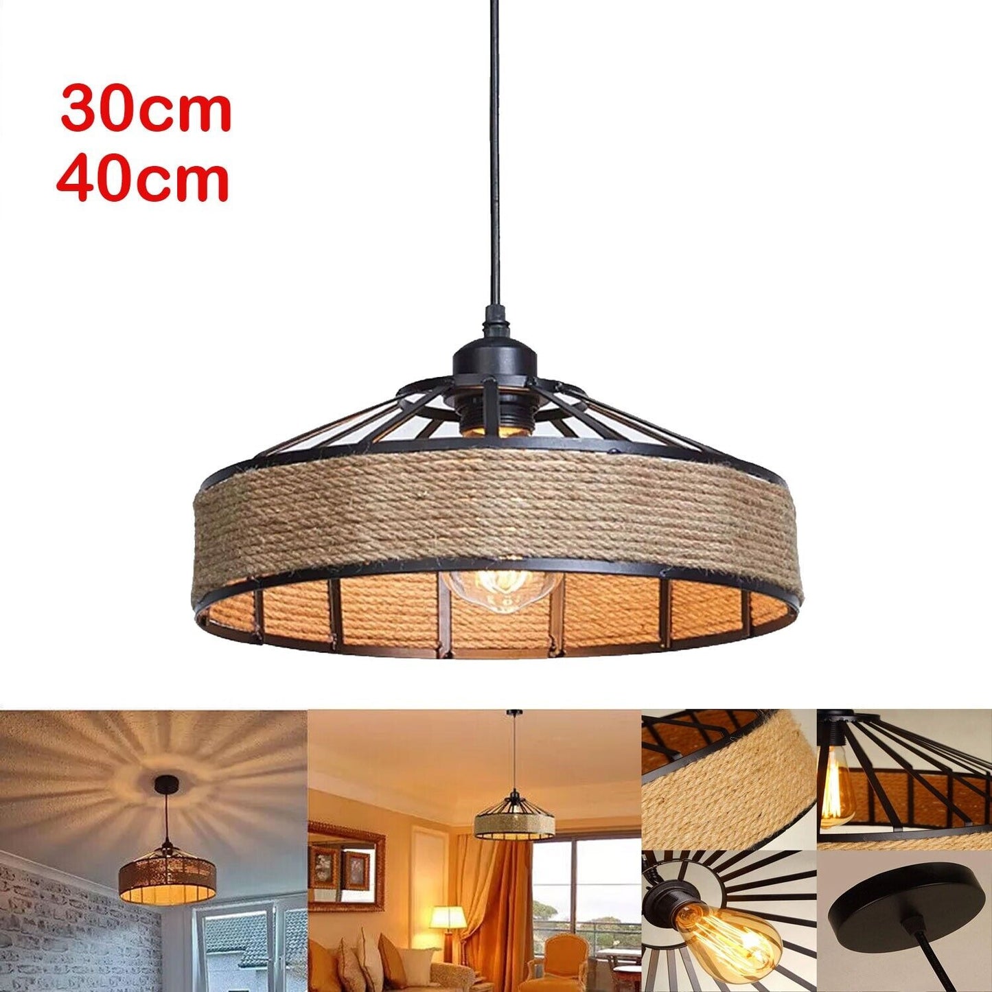 Vintage Loft Pendant Lights | Hemp Rope & Iron Retro Lamps ~5949-3