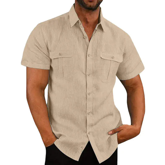 Men's Loose Fit Polo Collar Cotton Hemp Shirt